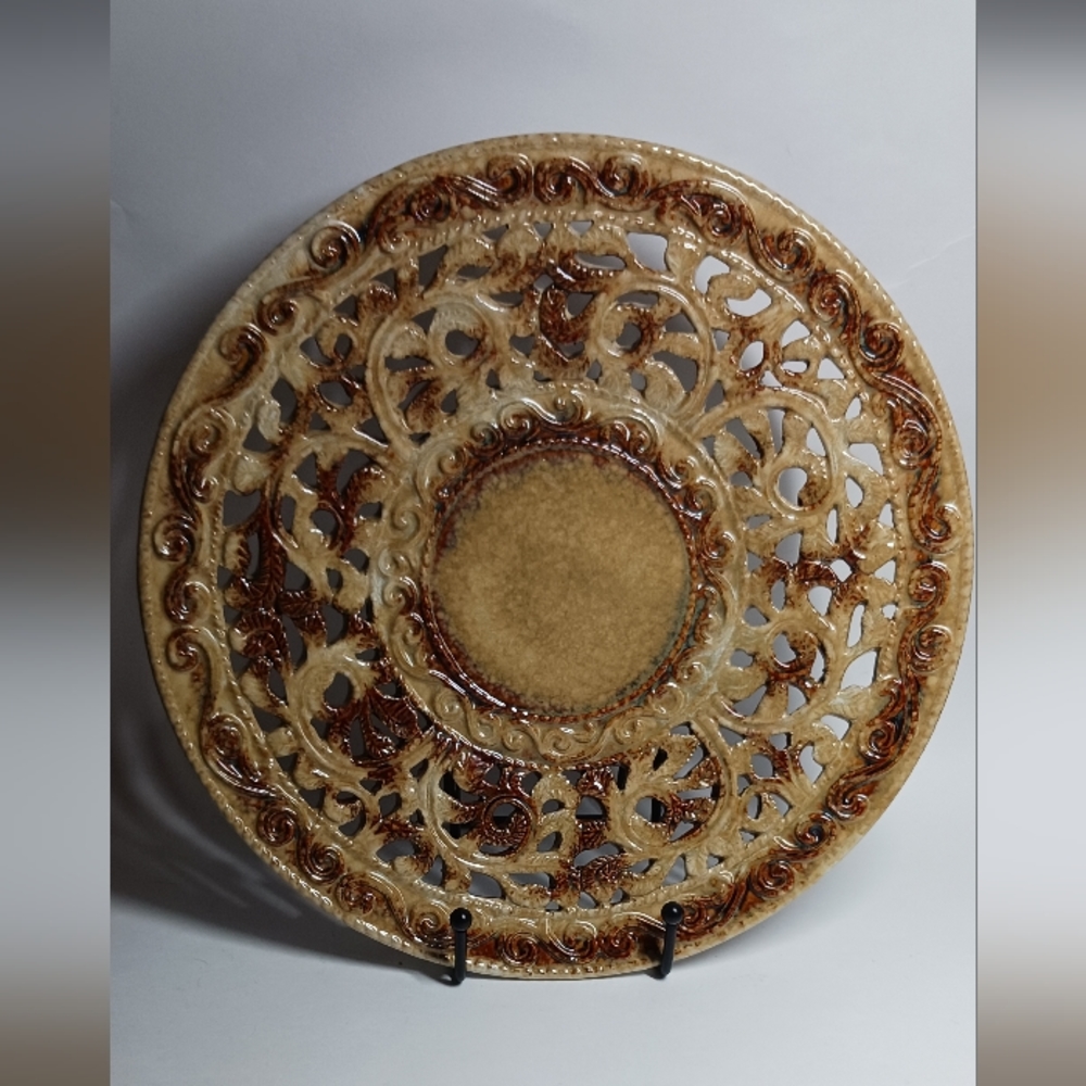 10.7" Vintage Ceramic Pottery Drip Glaze Decorative Art Plate Brown Tan # 24A